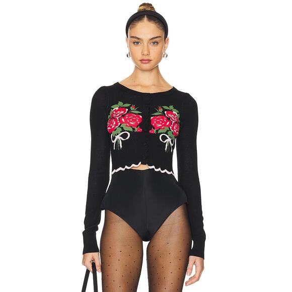 For Love & Lemons Donella Rosette Floral Print Cropped Knit Cardigan Black/Red - Picture 1 of 9